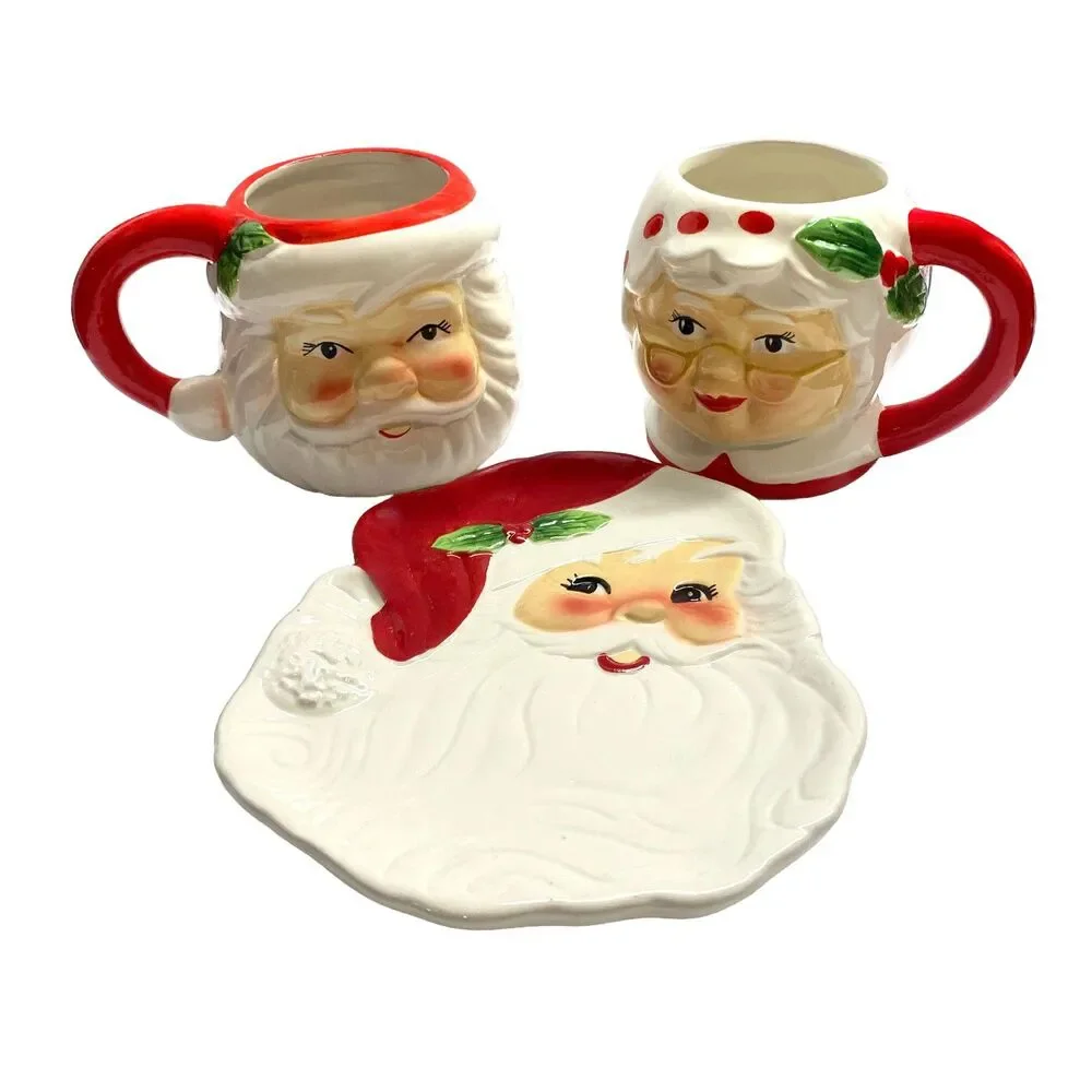 3D Mr. Christmas Santa & Mrs. Claus Mugs with Santa Face Dish 3-Piece Set